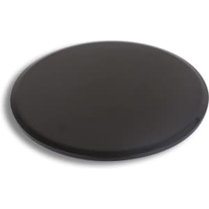 A black yoga sliding disk with a smooth, circular design and a glossy finish, featuring branding.