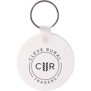 A round white keyring with a metal ring, featuring a logo in the centre.