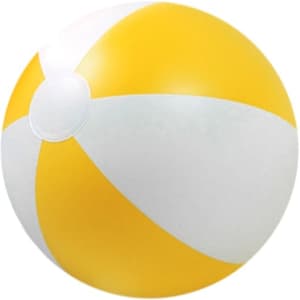 A yellow and white inflatable beach ball featuring a smooth, glossy surface and a logo.