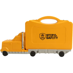 A truck-shaped toolkit in yellow and grey with a handle and wheels, featuring a logo on the side.