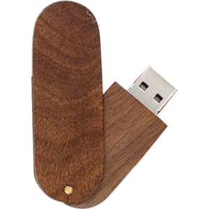 A swivel wooden flash drive in a rich brown colour, featuring a metallic USB connector and a simple logo.