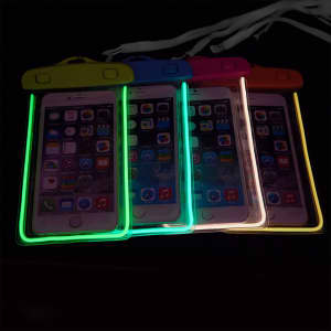 Four waterproof phone bags in vibrant colours, featuring fluorescent outlines and interlocking closures, each holding a phone.