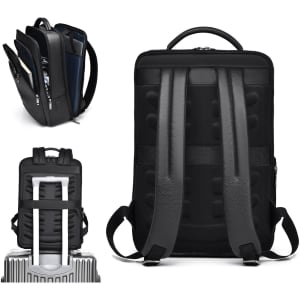A black polyurethane laptop backpack with multiple compartments and padded straps, featuring a logo on the front.