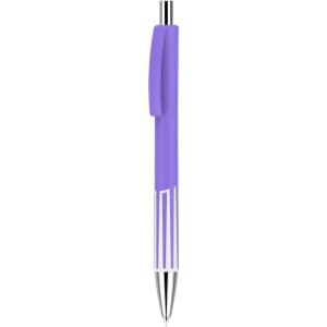 A plastic pen with a colourful purple barrel and silver tip, featuring a clip and logo.