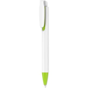 A plastic pen with a creamy white barrel and bright green accents, featuring a clip and a logo.