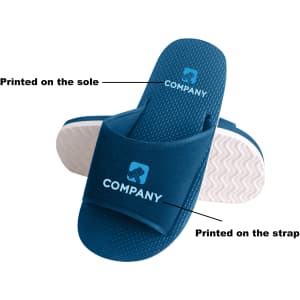 A pair of dark blue EVA slides featuring a logo on the strap and sole, with a textured white bottom.
