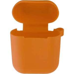 An orange silicone case for AirPods, featuring an open top and a simple design. It includes a branding logo.