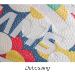 A close-up view of the textured surface of a PU basketball, featuring vibrant red, yellow, green, and blue patterns.