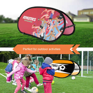 Bean shaped pop-up banners in red and black featuring athletic designs, suitable for outdoor activities.
