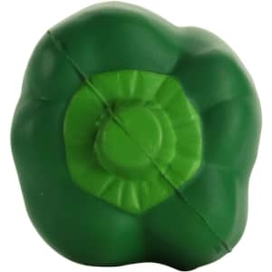 A green capsicum-shaped stress reliever with a textured surface and a round base, featuring a logo.