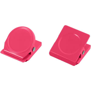 A pair of bright pink metal magnetic clips positioned next to each other, featuring a sleek design.