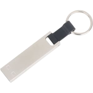 A silver mini flash drive keychain with a black leather strap and a metal ring.