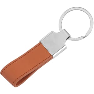 A PU leather keyring in tan with a metal keyring attachment. It features a sleek, simple design.