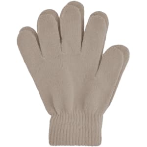 A pair of plain knitted gloves in a soft beige colour, featuring a ribbed cuff.