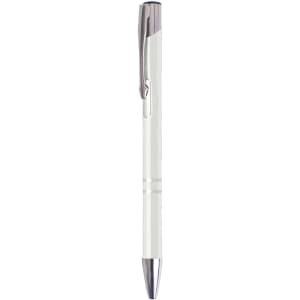 A metallic click pen in white with silver accents, featuring a logo on the clip.