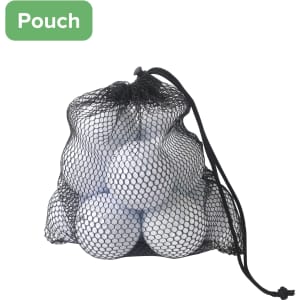 A black mesh pouch containing twelve white golf balls, showcasing a practical and portable design.