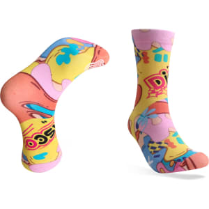 Brightly coloured digital printed socks featuring playful designs in pink, yellow, and blue. They include a logo.