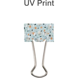A binder clip featuring a light blue design with abstract patterns and silver metal arms.