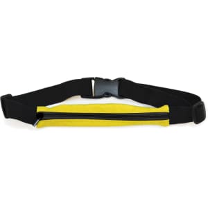 A yellow running belt featuring a zippered pocket and adjustable black straps. It includes a logo.