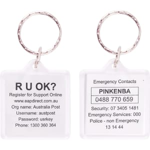 A square acrylic keyring in clear colour featuring emergency contact information on both sides.