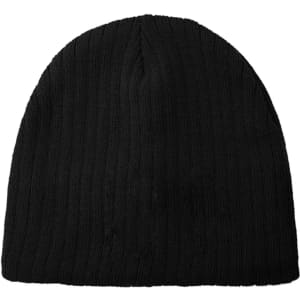 A black cable knit beanie with a textured design and a simple, rounded shape. It features a logo on one side.