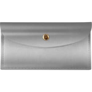 A silver PU leather glasses pouch featuring a curved flap and a gold button closure. It has a simple logo.