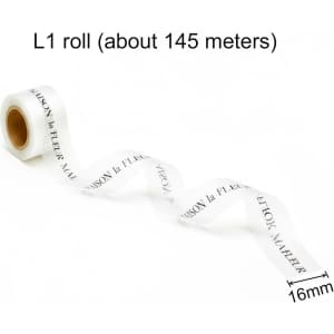 A white screen printed TPU soft ribbon roll, approximately 145 meters long and 16 mm wide, with a logo visible.