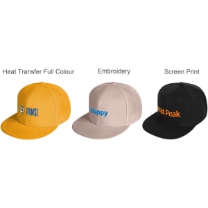 Three trucker caps in yellow, beige, and black, featuring various designs and branding techniques.