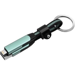 A teal and black braided charging cable with a keyring attachment. It features multiple charging connectors.