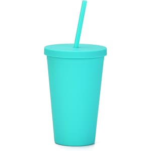 A turquoise 16oz matte plastic cup with a lid and straw, ideal for beverages. Features a logo on the surface.