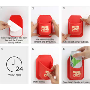 A red Shower Stubby Holder with step-by-step instructions and a logo. It shows hands applying a protective film.