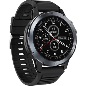 A round smart watch with a black strap and silver casing, featuring a digital display with various watch faces.