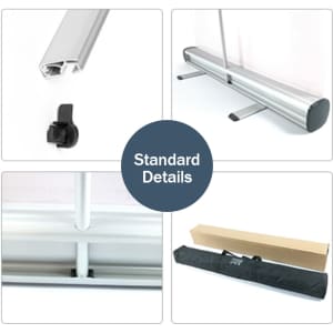 A pull-up banner stand featuring a silver aluminium base, support pole, and a black carrying bag.