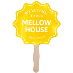 A yellow custom shape paper hand fan with a wooden handle and a decorative design.