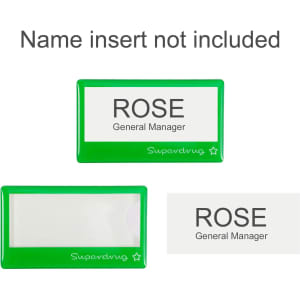 A green reusable acrylic name badge with a transparent section for name inserts. It has a logo on the front.