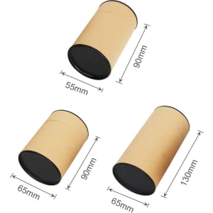 Small kraft paper cylinders with black lids, measuring 55 x 90mm and 65mm in diameter, displayed at various angles.