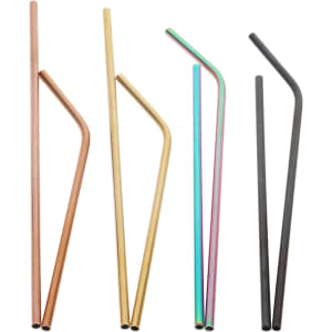A set of stainless steel straws in various colours: gold, copper, black, and multi-coloured. Each straw has a distinct shape.