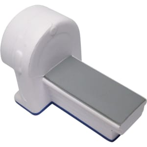 A white and grey scanner machine-shaped stress reliever with a blue base, designed for fun and games.