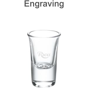 A clear glass shot glass with a smooth design and a logo. Suitable for a set of six pieces.