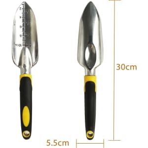 A garden hand tool set featuring two stainless steel trowels with black and yellow ergonomic handles.