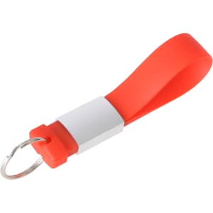A red silicone tag flash drive featuring a silver metal connector and a keyring attachment.