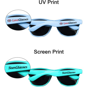 A pair of sunglasses in light blue and teal, featuring different printed branding on each side.