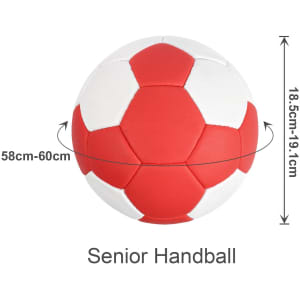 A hand-stitched handball featuring red and white panels, measuring 18.5 to 19.1 cm in height. It has a logo.
