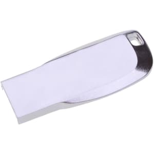 A silver mini key flash drive with a sleek design and rounded edges. It features a small hole for attachment.