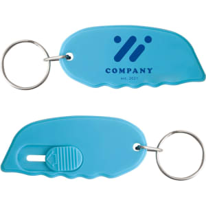 A blue keyring mini cutter featuring a logo, designed for easy carrying and convenience.
