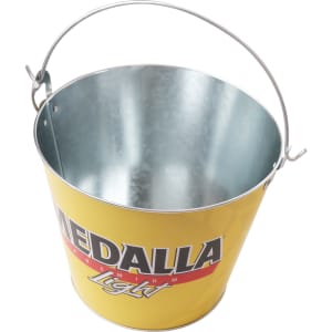 A yellow metal ice bucket with a sturdy handle and a logo on the front.