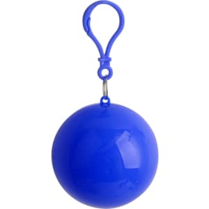 A blue ball with a clip attachment, designed to contain a rain poncho. It features a smooth, shiny surface.