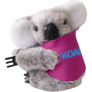 A plush koala toy in grey, featuring a pink attachment with a logo. Ideal for fun and games.