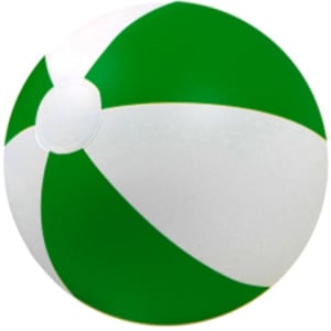 An inflatable beach ball featuring green and white sections, with a small logo.