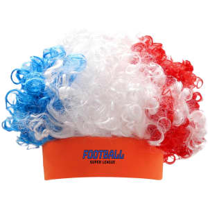 A curly wig in red, white, and blue with an orange headband, featuring a logo on the front.